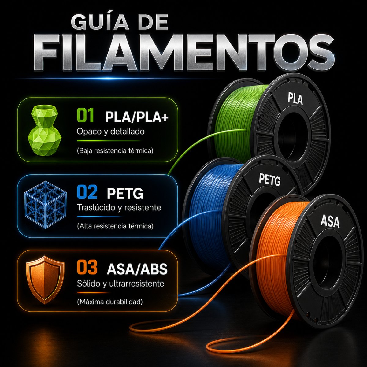 Guía de filamentos: PLA/PLA+, PETG y ASA/ABS para imprimir luminarias 3D