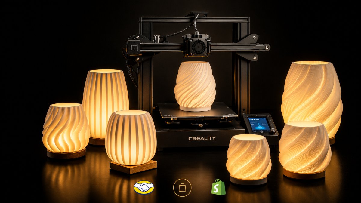 Lámparas 3D iluminadas junto a una impresora 3D Creality